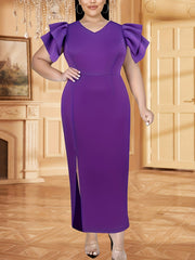 Women's Elegant Bodycon Evening Dress with Petal Sleeves & High Slit Purple