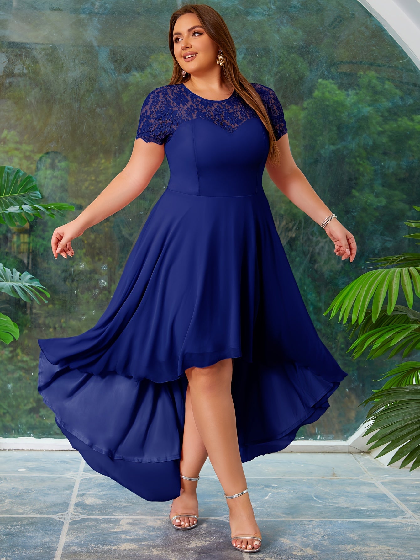 Plus Size Bridesmaid Dress Chiffon Flared Short Sleeve Crew Neck