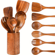 Juego de 7 utensilios de cocina de madera antiadherentes en cubo de almacenamiento con espátula, cuchara y más