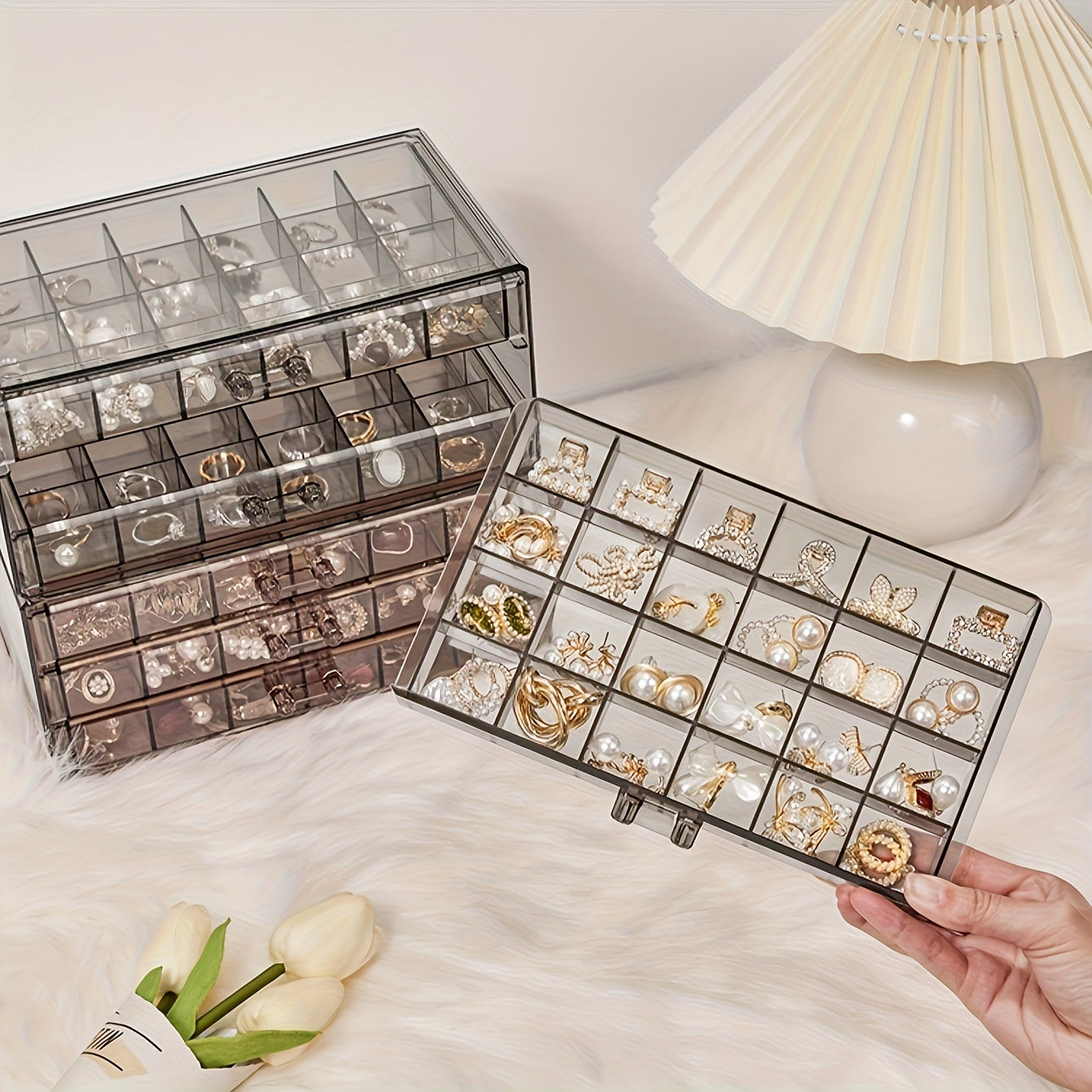 Large Capacity Jewelry Storage Box with 3 Layers and 72 Grids for Earrings and Necklaces