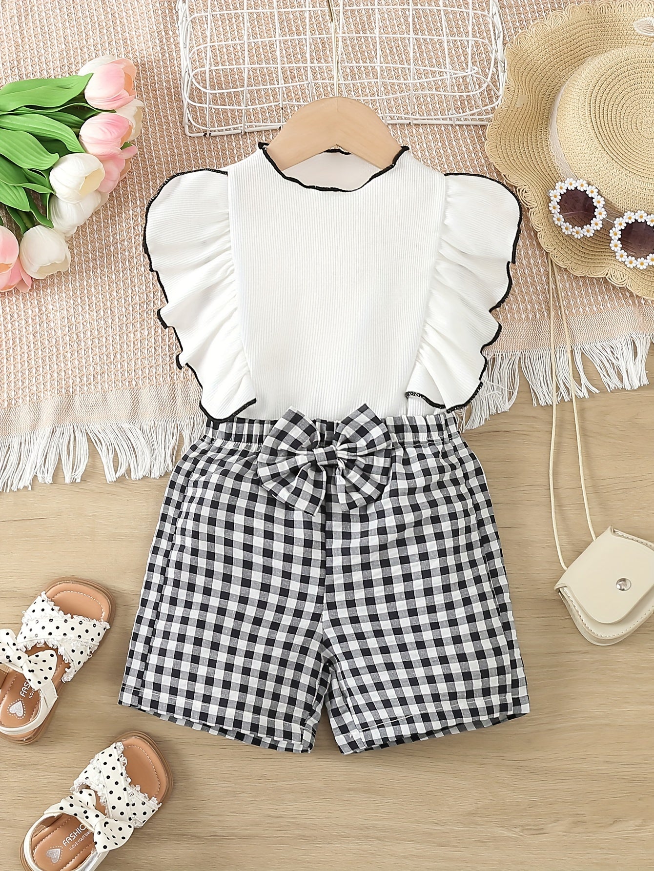 Conjunto de verano para niñas: blusa sin mangas de cuadros y pantalones cortos a cuadros para niños