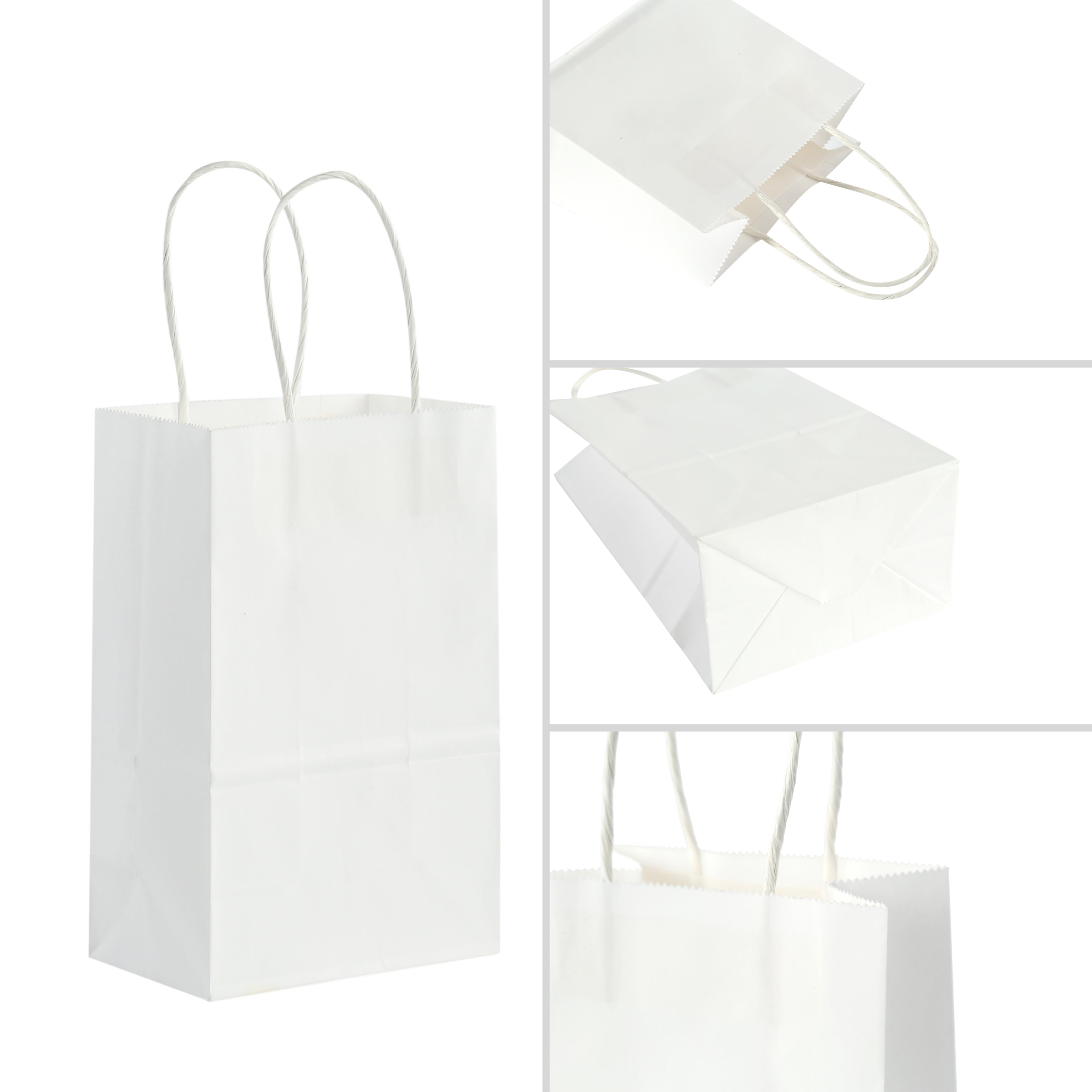 White Kraft Paper Tote Bags with Handles Set of 100 for Food Take Out Gift Wrapping