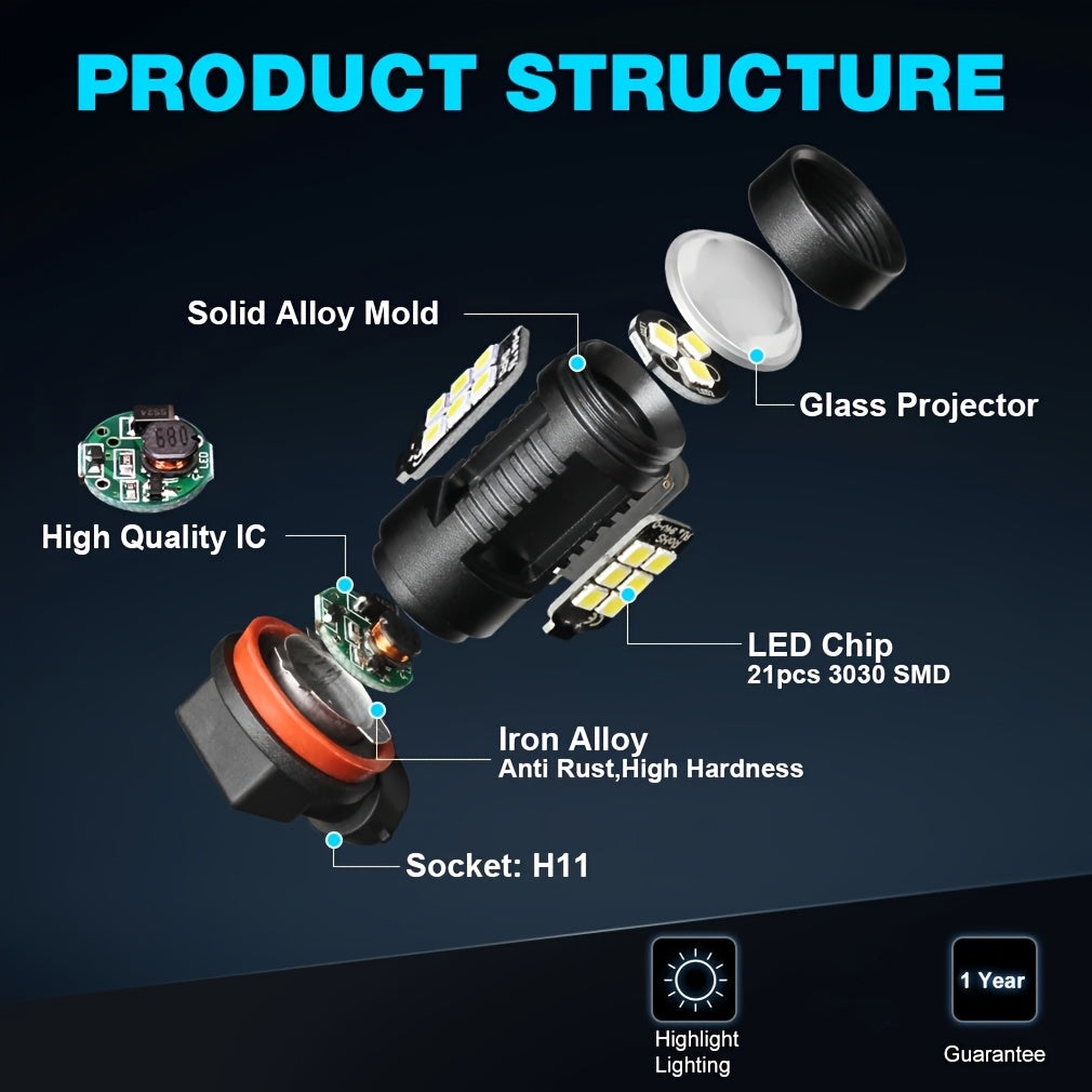 2шт. LED-лампочки противотуманных фар H11 H8 H9 6000K супербелого цвета для автомобиля