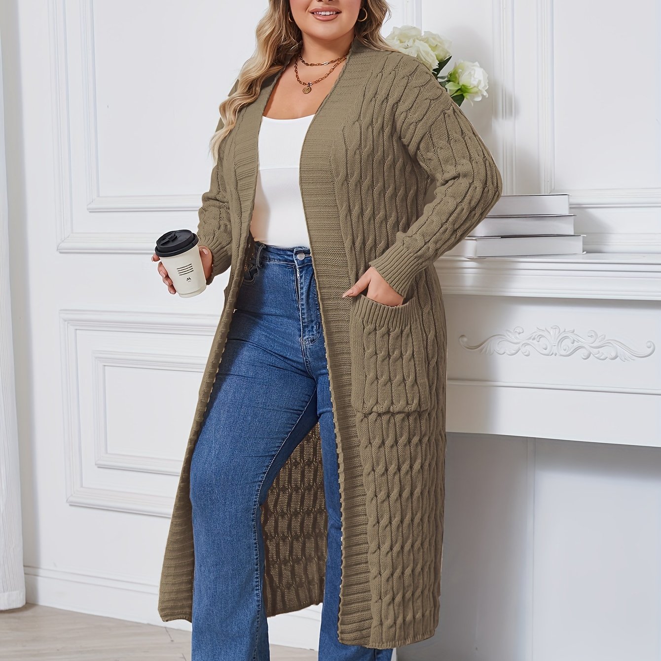 Plus Size Open Front Cardigan with Pockets Long Sleeves Women's Casual Winter Knit Polyester