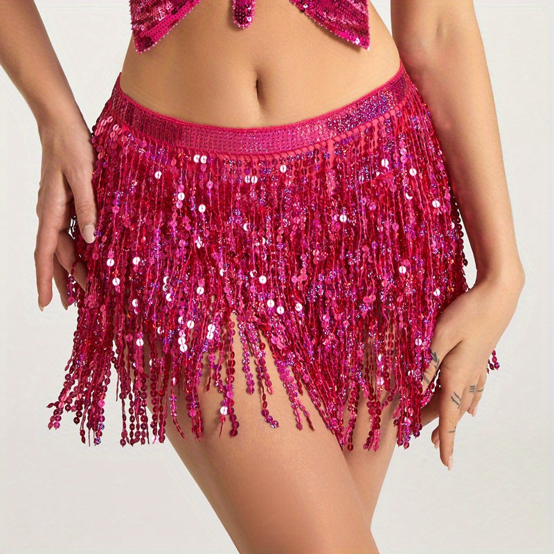 Festive Belly Dance Waist Chain for Halloween Costume Sequin Tassel Hip Scarf with Silvery Layers