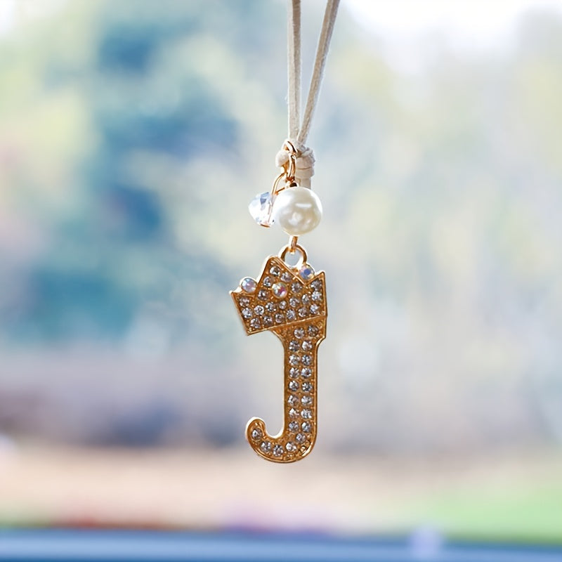 Alphabet Car Mirror Charm Set with Sparkling Crown Pendants for Vehicle Decoration