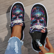 Women Black Loafers with Colorful Skull Design Breathable Non-Slip Slip-On