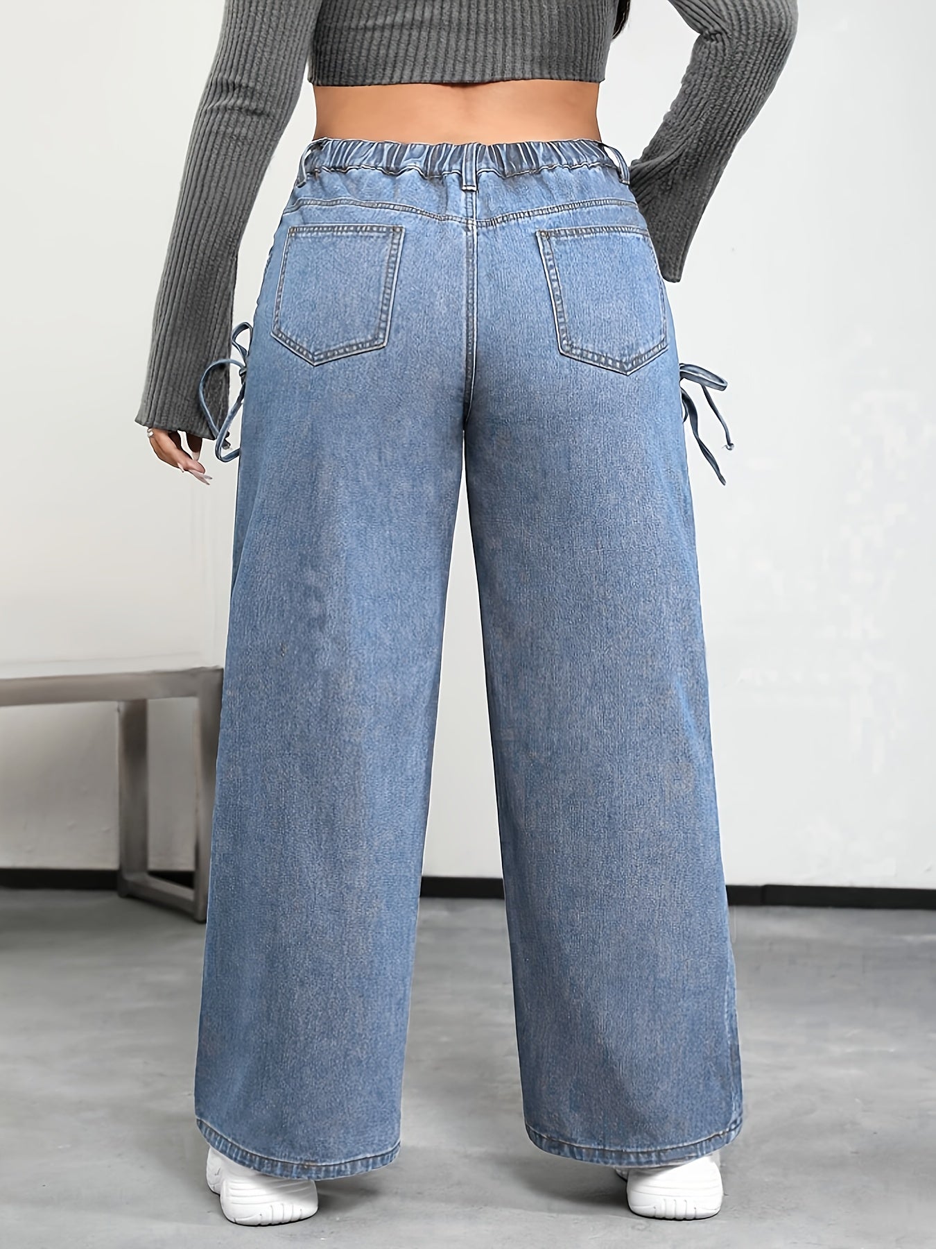 Plus Size Women's Wide Leg Casual Jeans With Side Tie Elastic Waist