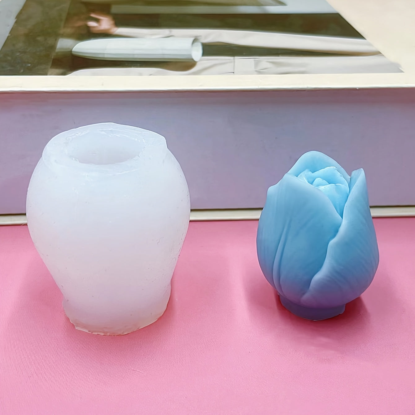 Розовая силиконовая форма в виде тюльпана для свечей и поделок из смолы с неровным дизайном цветка