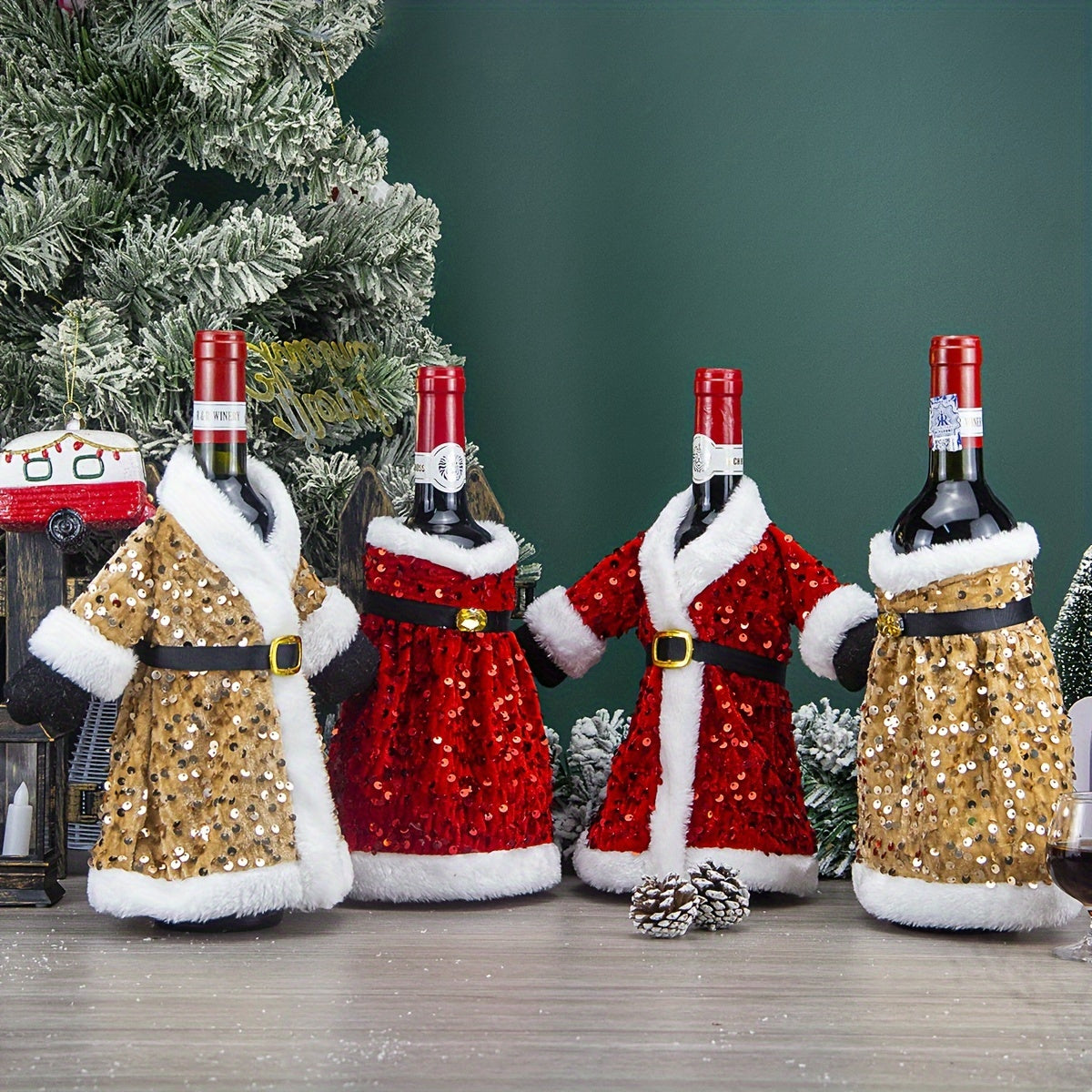 Set of 2 Festive Christmas Wine Bottle Covers with Sequined Attire Plush Hats Leak-Proof Sweater