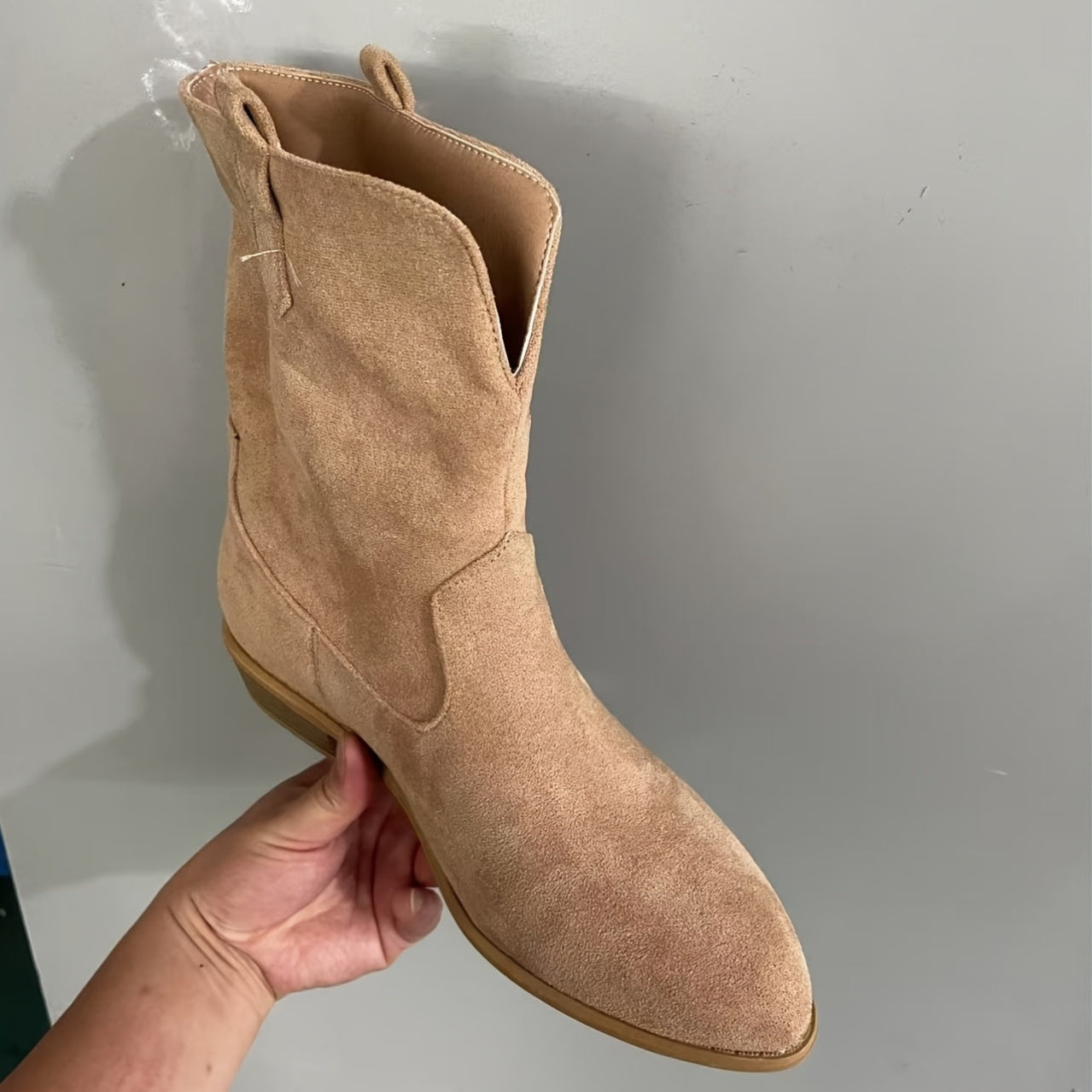 Women's Beige Slip-On Ankle Boots with Pointed Toe and Block Heel