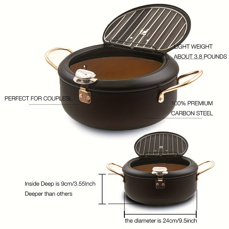 Olla de freidora profunda antiadherente negra con termómetro y calentamiento rápido