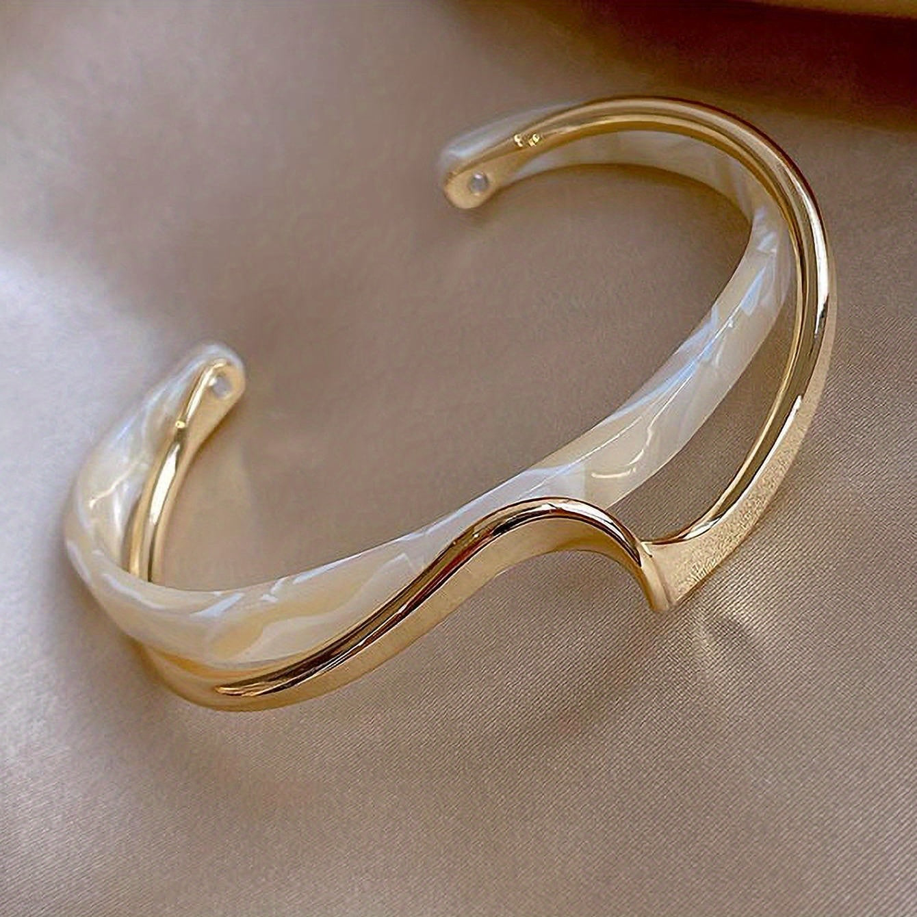 Women's Gold Plated Wave-Shaped Cuff Bangle with Faux Pearl Inlay