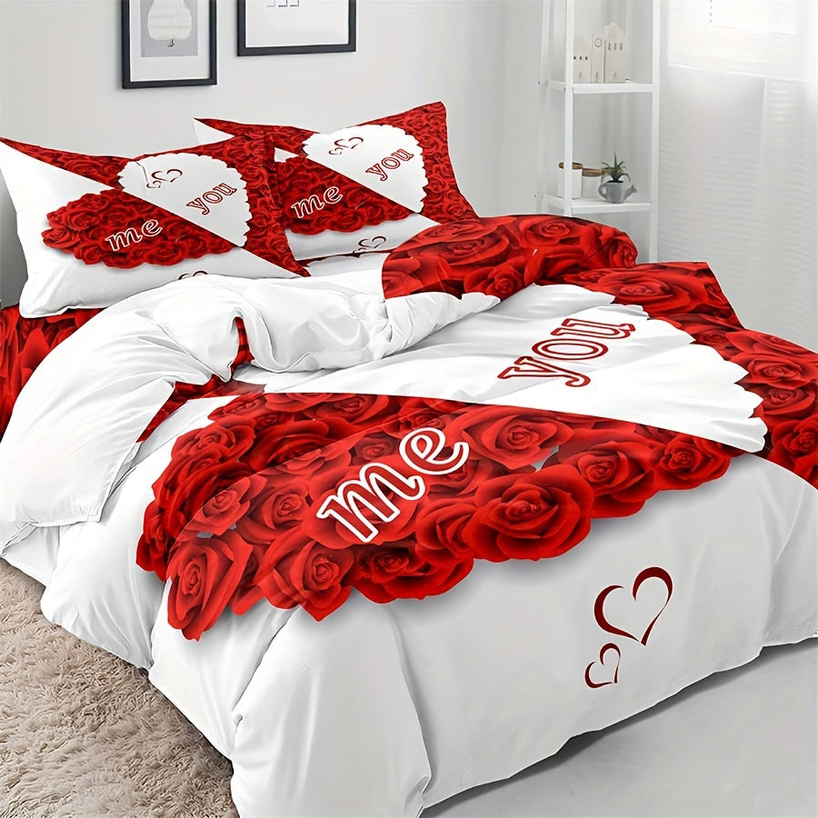 Red Rose Duvet Cover Set with 2 Pillowcases All-Season Polyester Zipper Closure